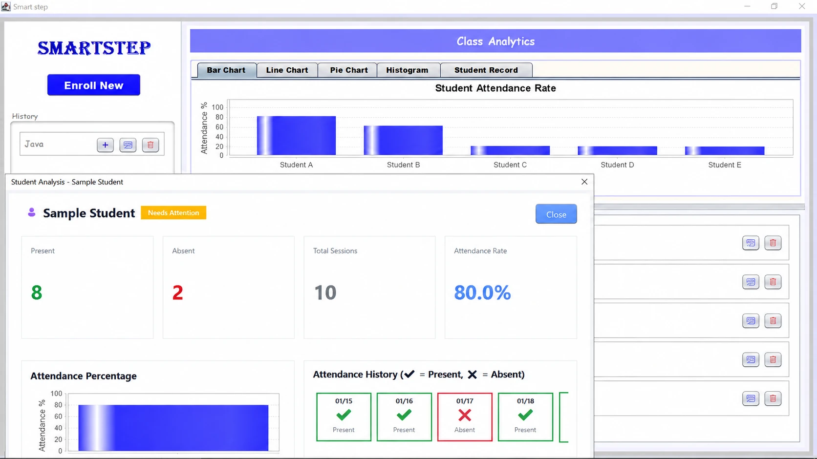 Attendance Checker class analytics and student attendance dashboard with anonymized sample data