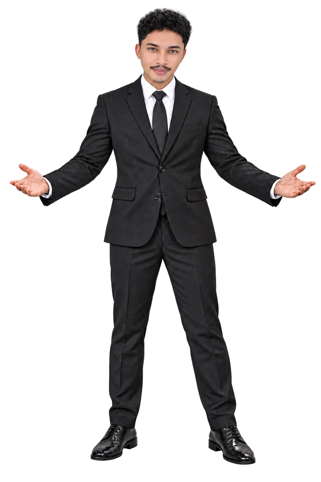 Full-body portrait of Loudy Miguel Torrejas, founder of GenXYZ, in a black business suit with arms open