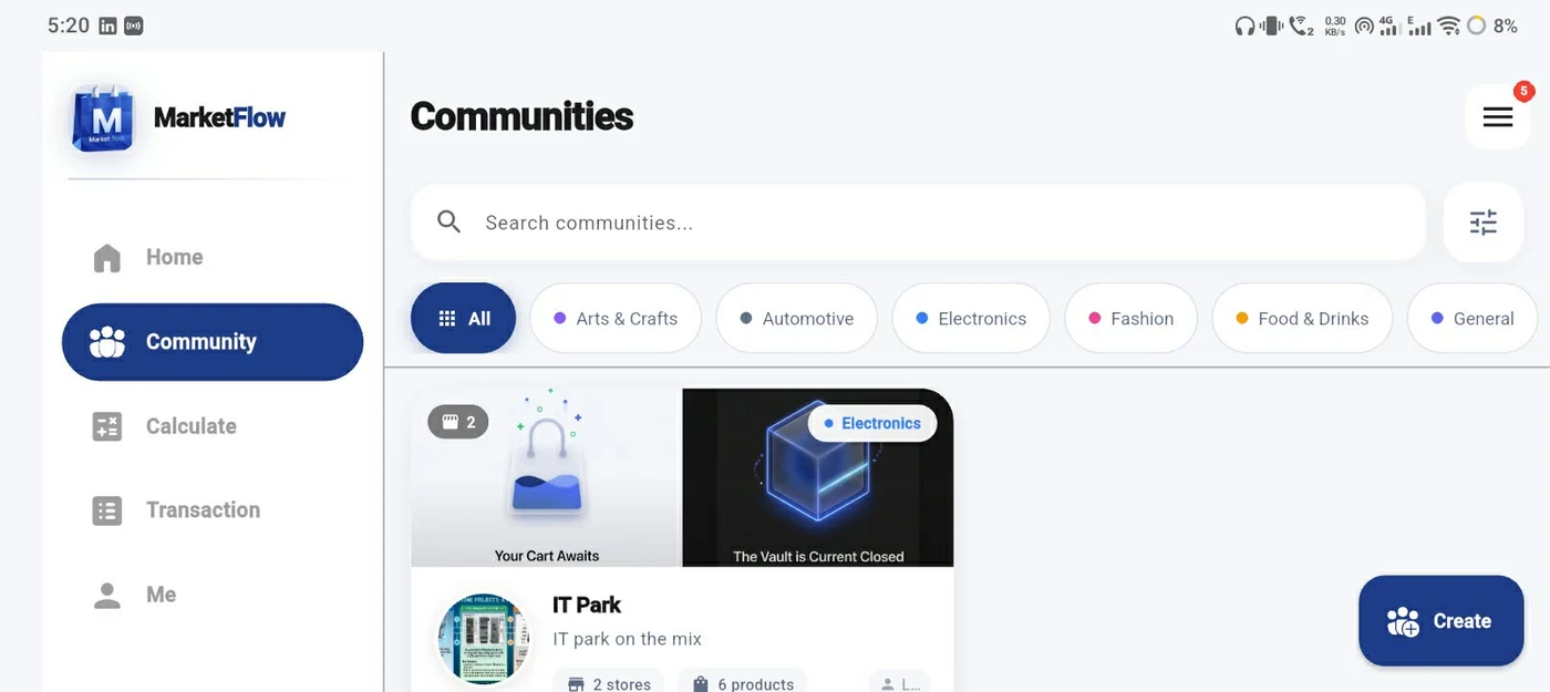 Market Flow communities and marketplace interface